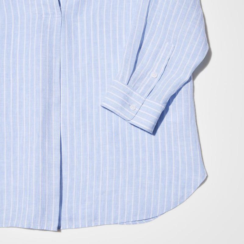 Uniqlo Premium Linen Skipper Collar (Stripe, 3/4 Sleeve) Women Shirts Light Blue  US |  TQGW-30796