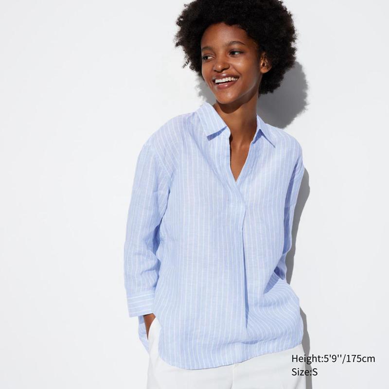 Uniqlo Premium Linen Skipper Collar (Stripe, 3/4 Sleeve) Women Shirts Light Blue  US |  TQGW-30796