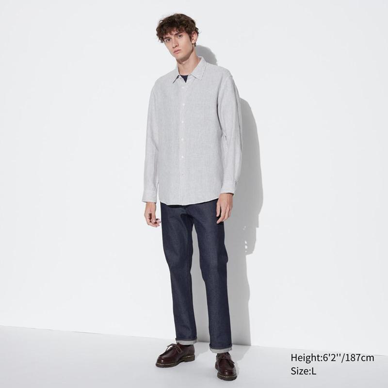 Uniqlo Premium Linen (Stripe) Men Shirts Blue  US |  KPFU-54821