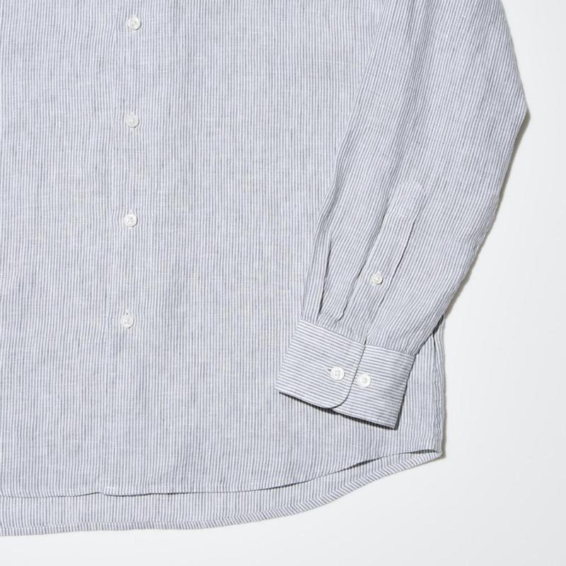 Uniqlo Premium Linen (Stripe) Men Shirts Grey  US |  VXMR-94053