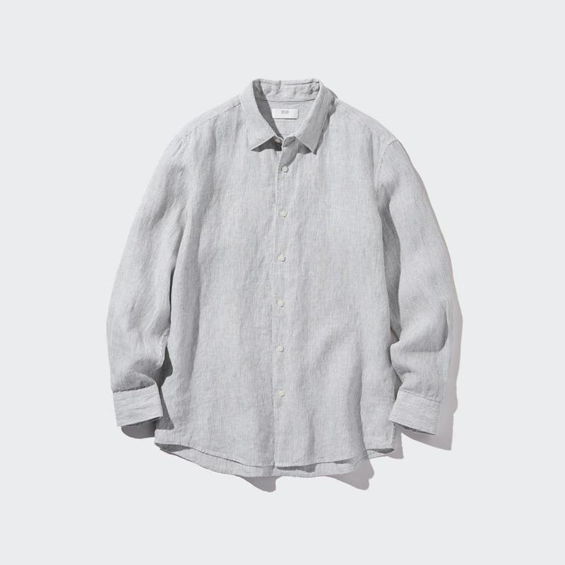 Uniqlo Premium Linen (Stripe) Men Shirts Grey  US |  AJWU-94205