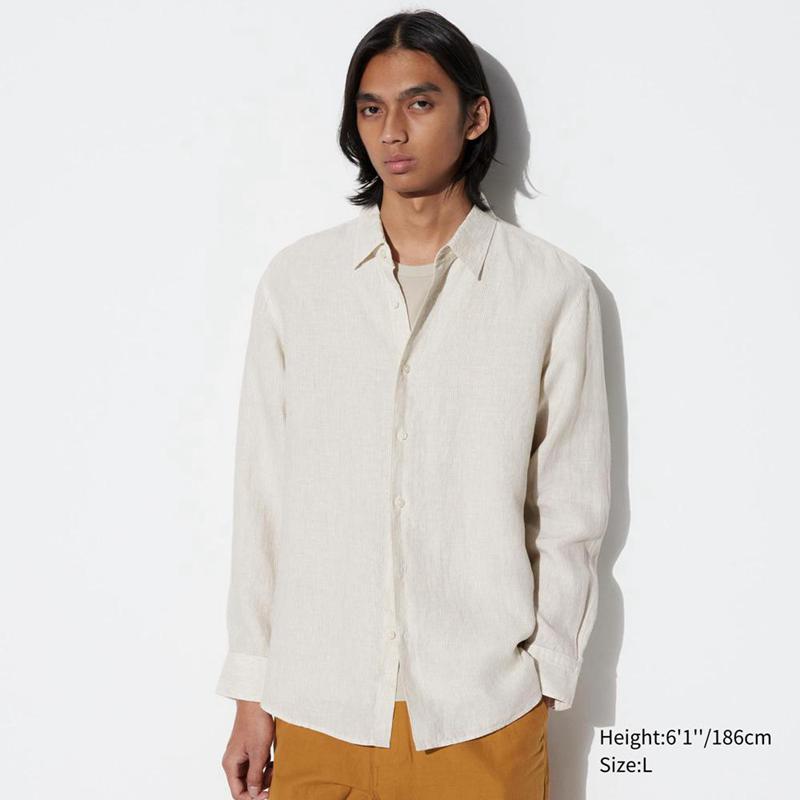 Uniqlo Premium Linen (Stripe) Men Shirts Natural  US |  VXLZ-93148