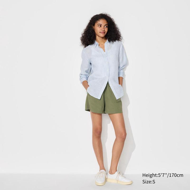 Uniqlo Premium Linen (Stripe) Women Shirts Green  US |  ZHRF-42076