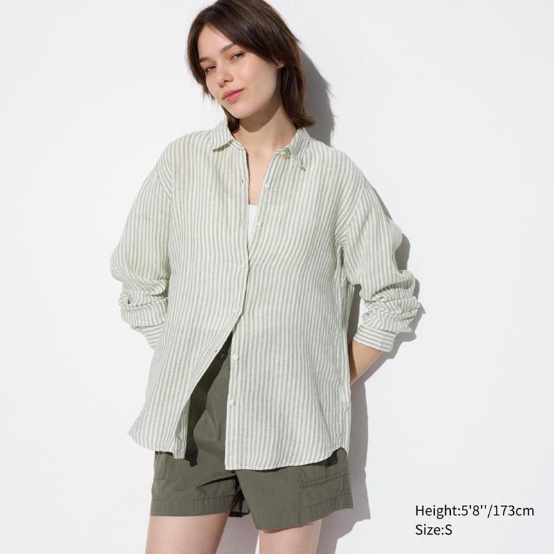 Uniqlo Premium Linen (Stripe) Women Shirts Green  US |  ZHRF-42076