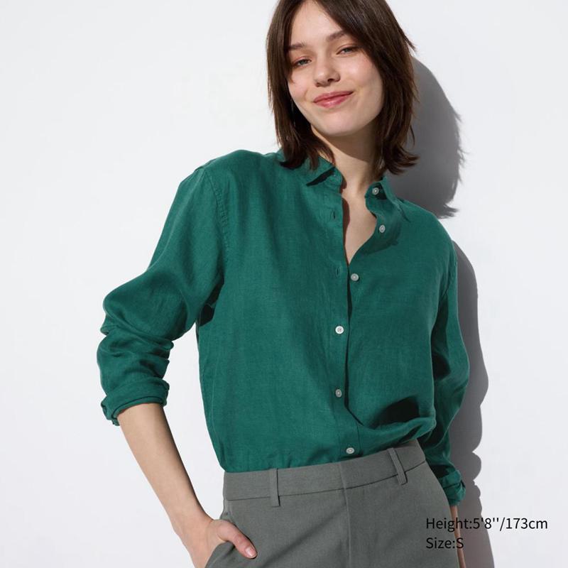 Uniqlo Premium Linen Women Shirts Green  US |  ZLPA-20817