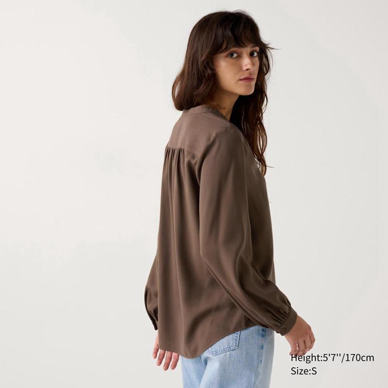 Uniqlo Rayon Gathered Women Blouse Brown  US |  WKNA-64209