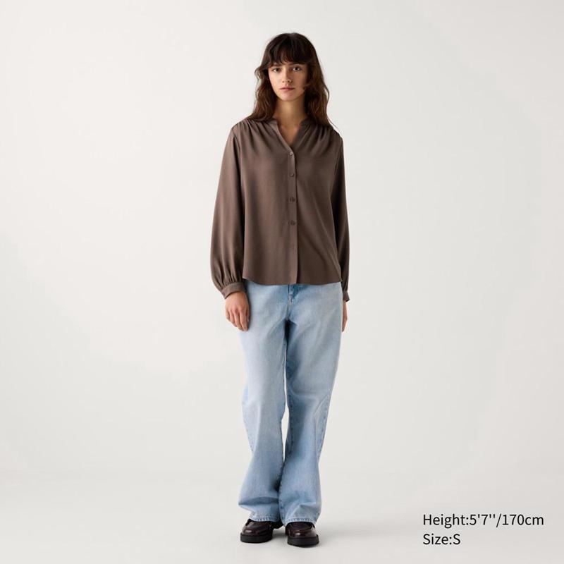 Uniqlo Rayon Gathered Women Blouse Brown  US |  APWE-56139