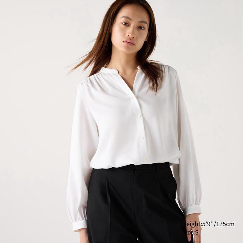 Uniqlo Rayon Gathered Women Blouse White  US |  HLKE-65423