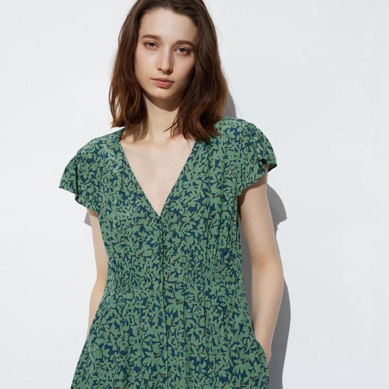 Uniqlo Rayon Long (Print, Short Sleeve) Women Dress Blue  US |  HVZM-79160