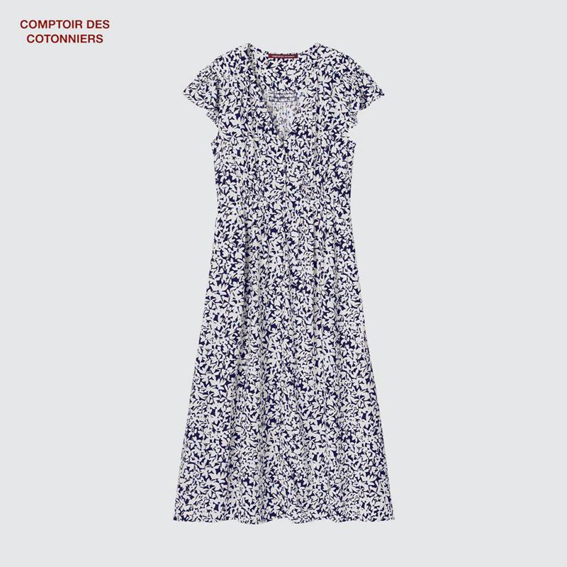 Uniqlo Rayon Long (Print, Short Sleeve) Women Dress Blue  US |  HVZM-79160