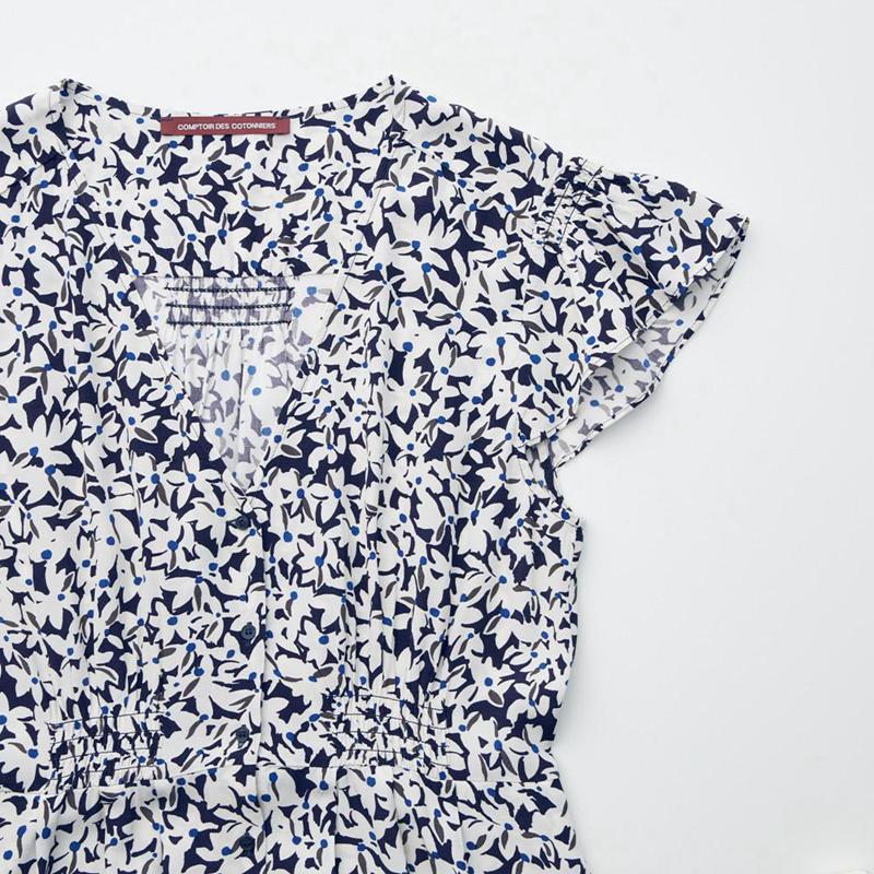 Uniqlo Rayon Long (Print, Short Sleeve) Women Dress Blue  US |  HVZM-79160