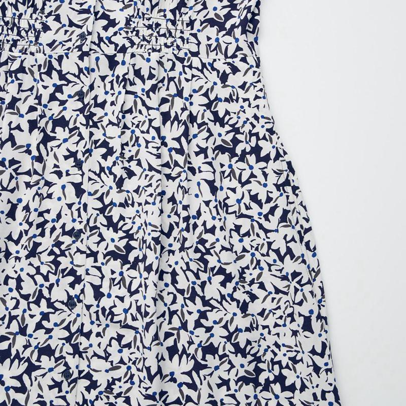 Uniqlo Rayon Long (Print, Short Sleeve) Women Dress Blue  US |  HVZM-79160