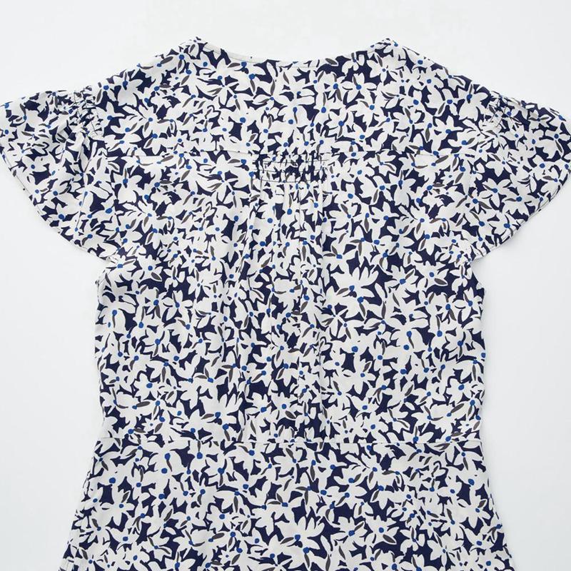 Uniqlo Rayon Long (Print, Short Sleeve) Women Dress Blue  US |  HVZM-79160