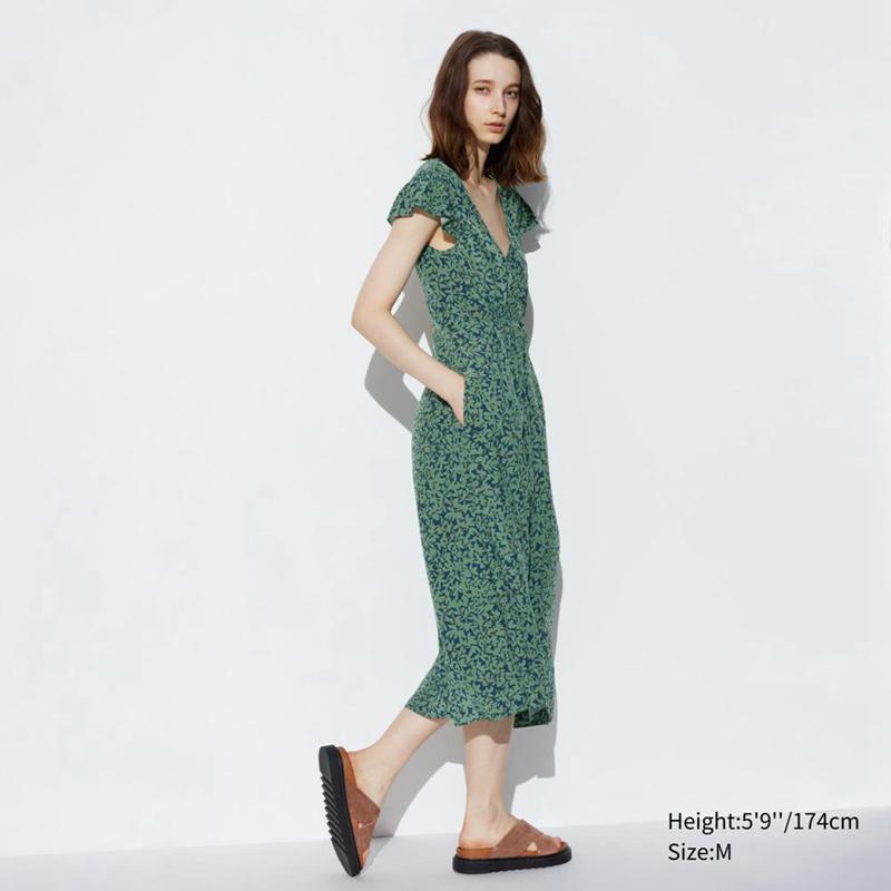 Uniqlo Rayon Long (Print, Short Sleeve) Women Dress Natural  US |  UITL-26983