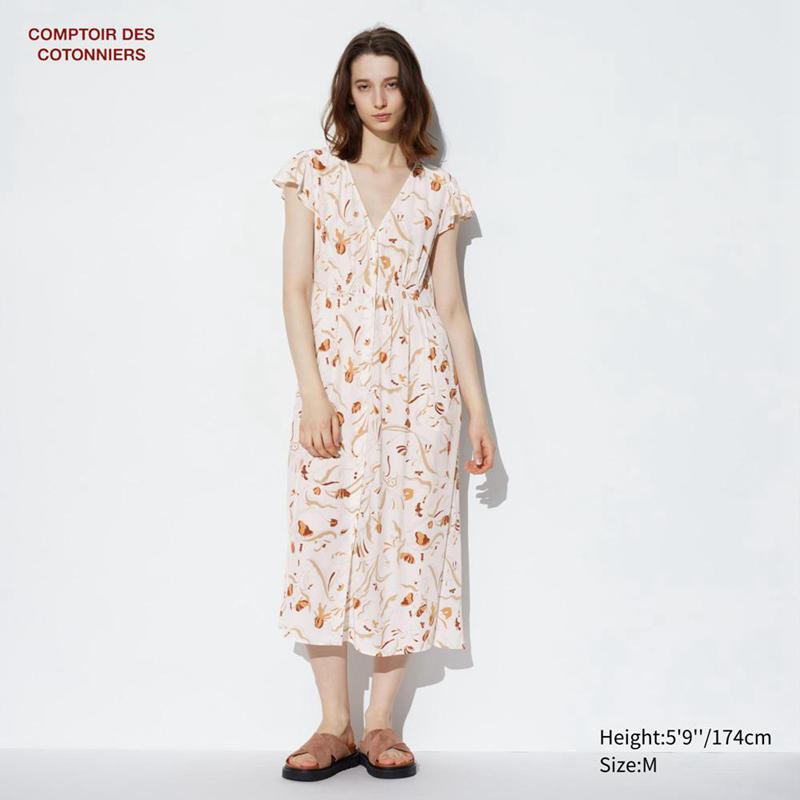 Uniqlo Rayon Long (Print, Short Sleeve) Women Dress Natural  US |  UITL-26983