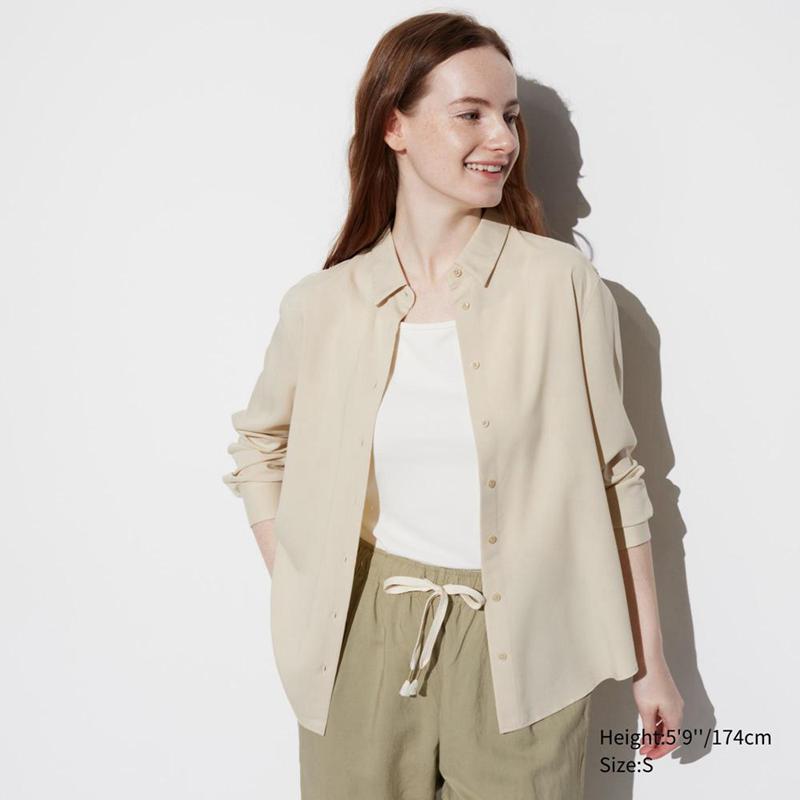 Uniqlo Rayon Long Sleeved Women Blouse Beige  US |  AZHJ-86952