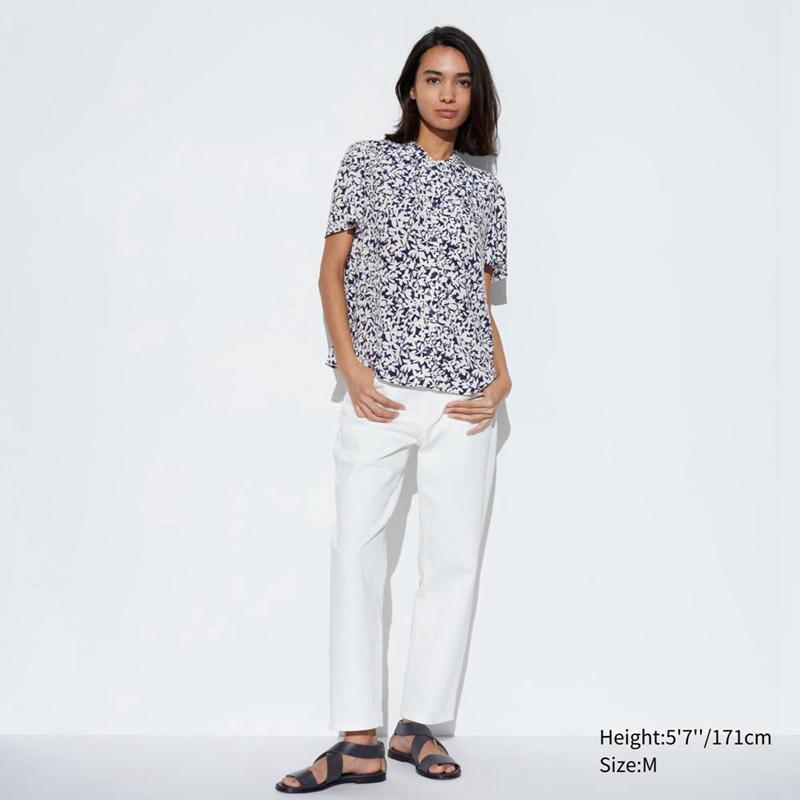 Uniqlo Rayon (Print, Short Sleeve) Women Shirts White  US |  ZFQG-74083