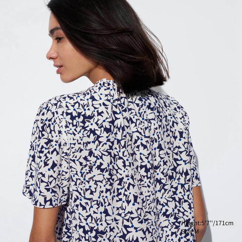 Uniqlo Rayon (Print, Short Sleeve) Women Shirts White  US |  ZFQG-74083