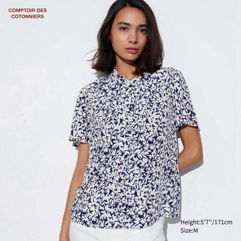 Uniqlo Rayon (Print, Short Sleeve) Women Shirts White  US |  ZFQG-74083