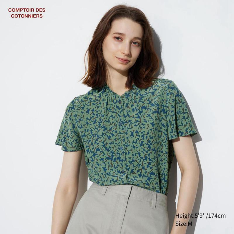 Uniqlo Rayon (Print, Short Sleeve) Women Shirts Blue  US |  NGEJ-50712