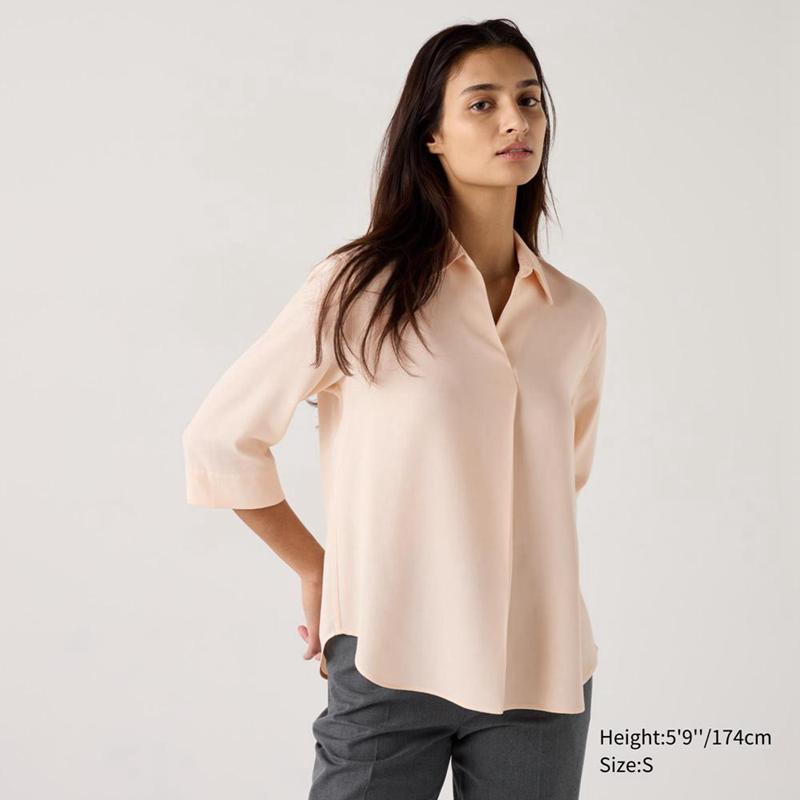 Uniqlo Rayon Skipper Collar (3/4 Sleeve) Women Blouse Pink  US |  YWQN-82906