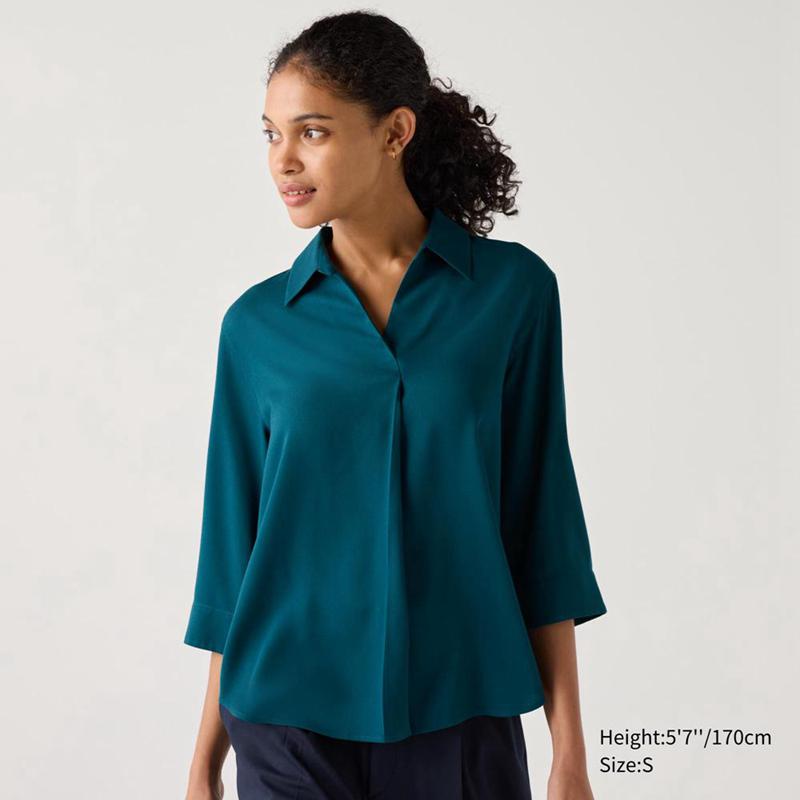 Uniqlo Rayon Skipper Collar (3/4 Sleeve) Women Blouse Green  US |  JBZD-64387