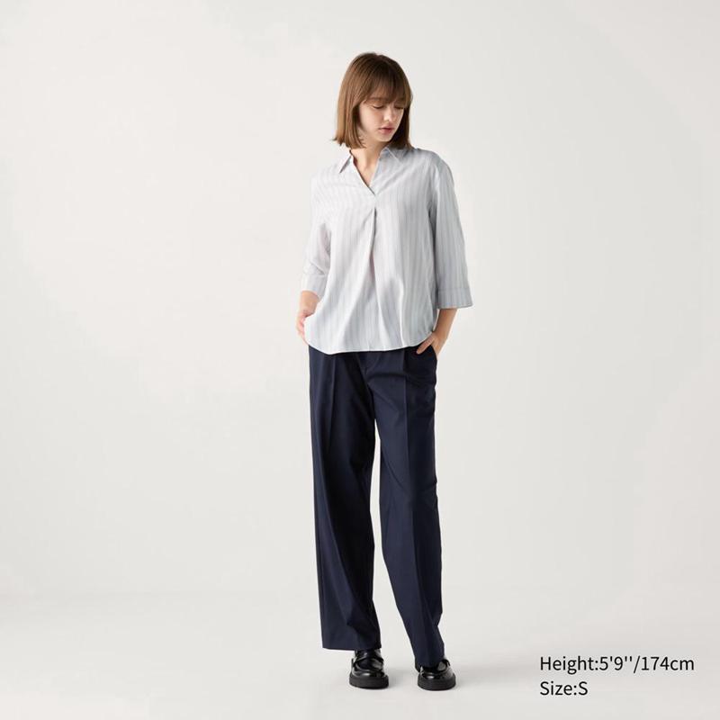 Uniqlo Rayon Skipper Collar (Stripe, 3/4 Sleeve) Women Blouse Off White  US |  CGQK-62308