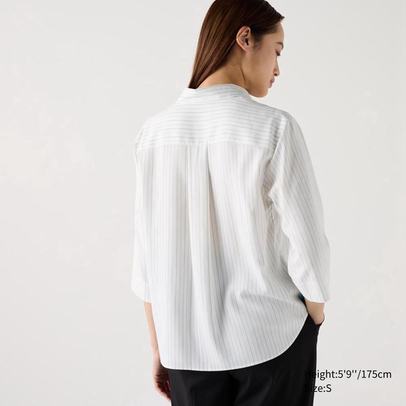 Uniqlo Rayon Skipper Collar (Stripe, 3/4 Sleeve) Women Blouse Off White  US |  CGQK-62308