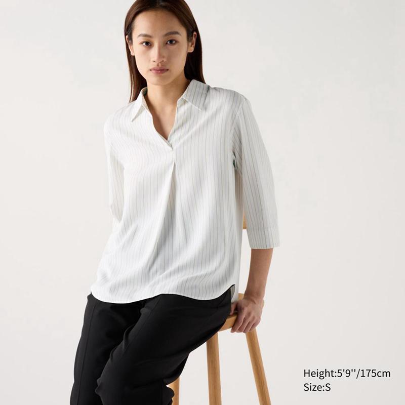 Uniqlo Rayon Skipper Collar (Stripe, 3/4 Sleeve) Women Blouse Off White  US |  CGQK-62308