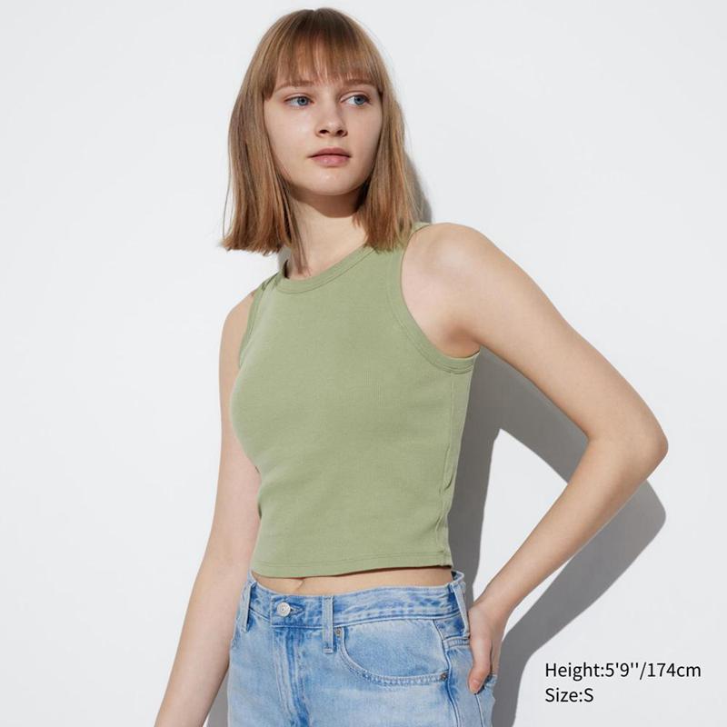 Uniqlo Ribbed Cropped Fit Women Tank Tops Green  US |  TLGY-98765