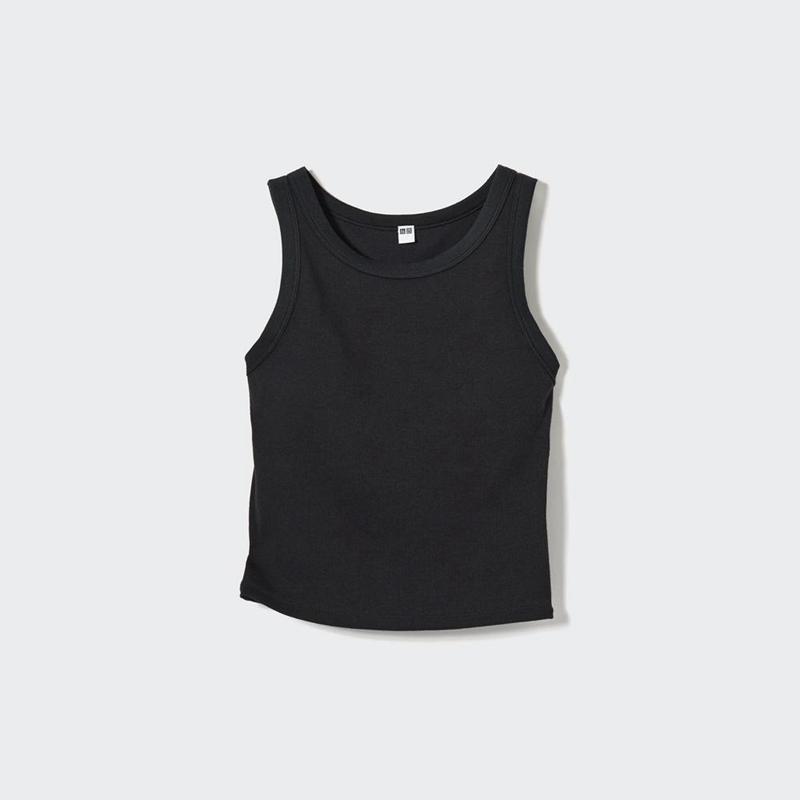 Uniqlo Ribbed Cropped Fit Women Tank Tops Black  US |  POQR-34082