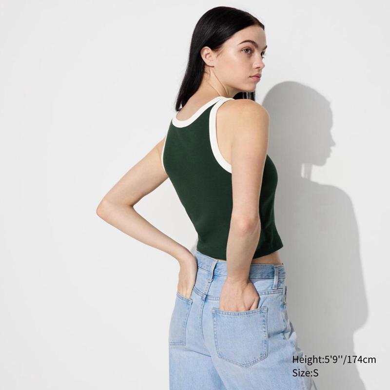 Uniqlo Ribbed Cropped Sleeveless (Ringer) Women Tank Tops Dark Green  US |  LGAQ-27491