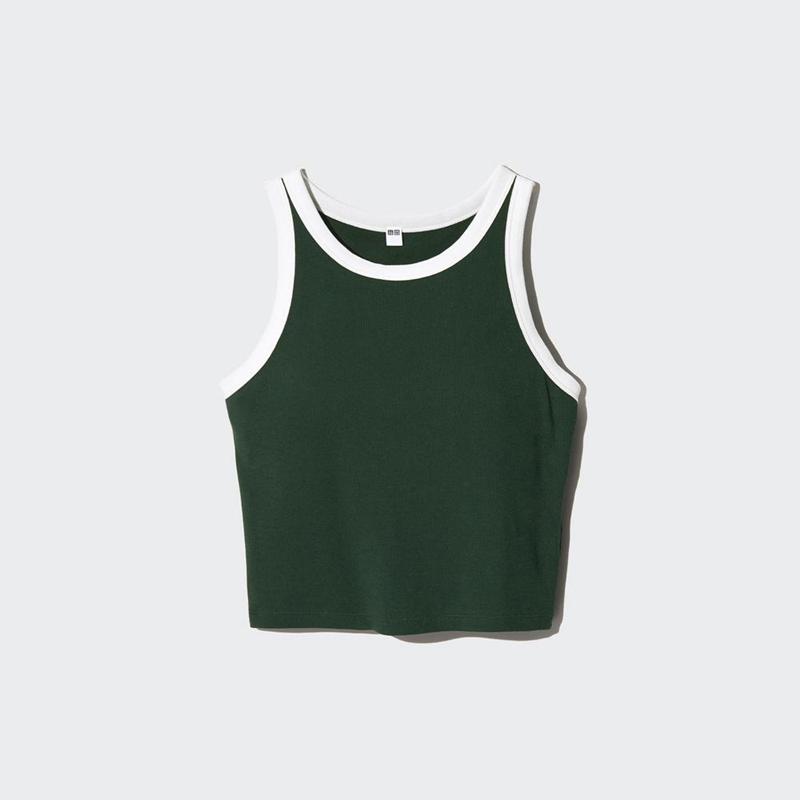 Uniqlo Ribbed Cropped Sleeveless (Ringer) Women Tank Tops Dark Green  US |  LGAQ-27491