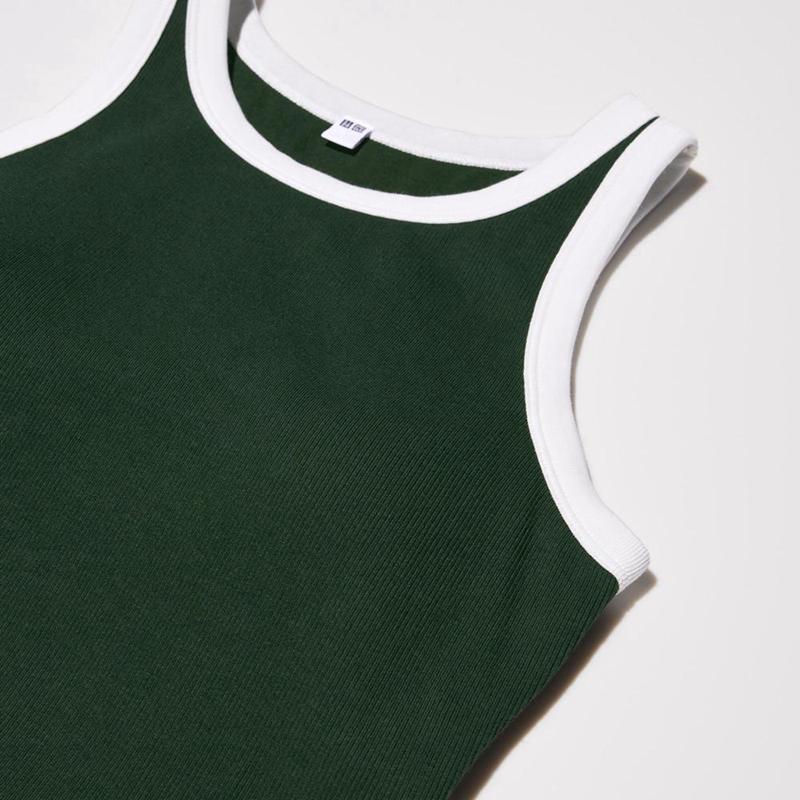 Uniqlo Ribbed Cropped Sleeveless (Ringer) Women Tank Tops Dark Green  US |  LGAQ-27491