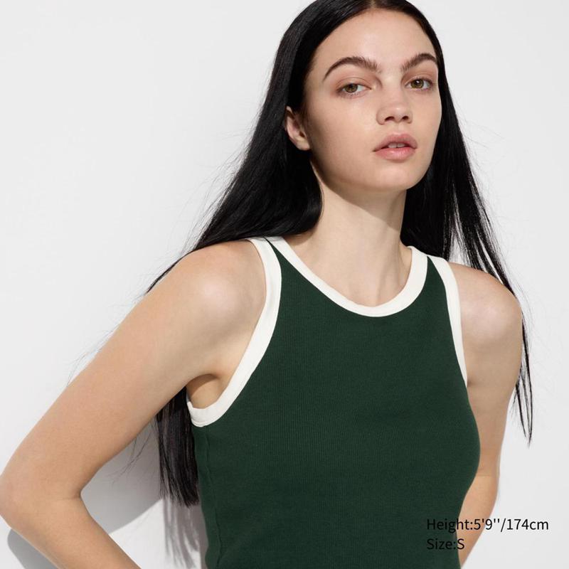 Uniqlo Ribbed Cropped Sleeveless (Ringer) Women Tank Tops Dark Green  US |  LGAQ-27491