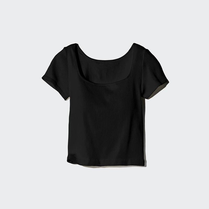 Uniqlo Ribbed Cropped Square Neck Women T-Shirts Black  US |  YVTZ-30794