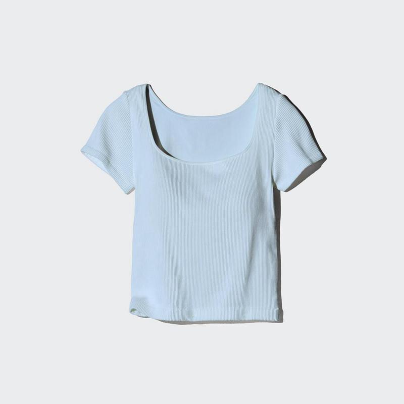 Uniqlo Ribbed Cropped Square Neck Women T-Shirts Blue  US |  SHLV-59803