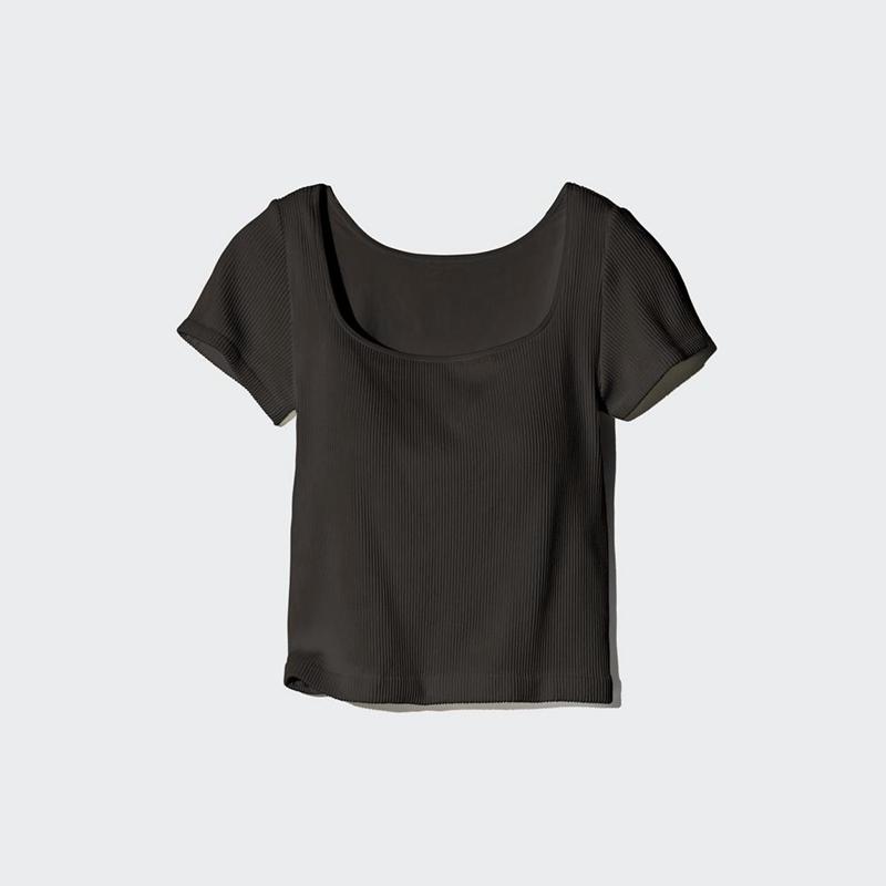 Uniqlo Ribbed Cropped Square Neck Women T-Shirts Dark Brown  US |  GPHK-38960