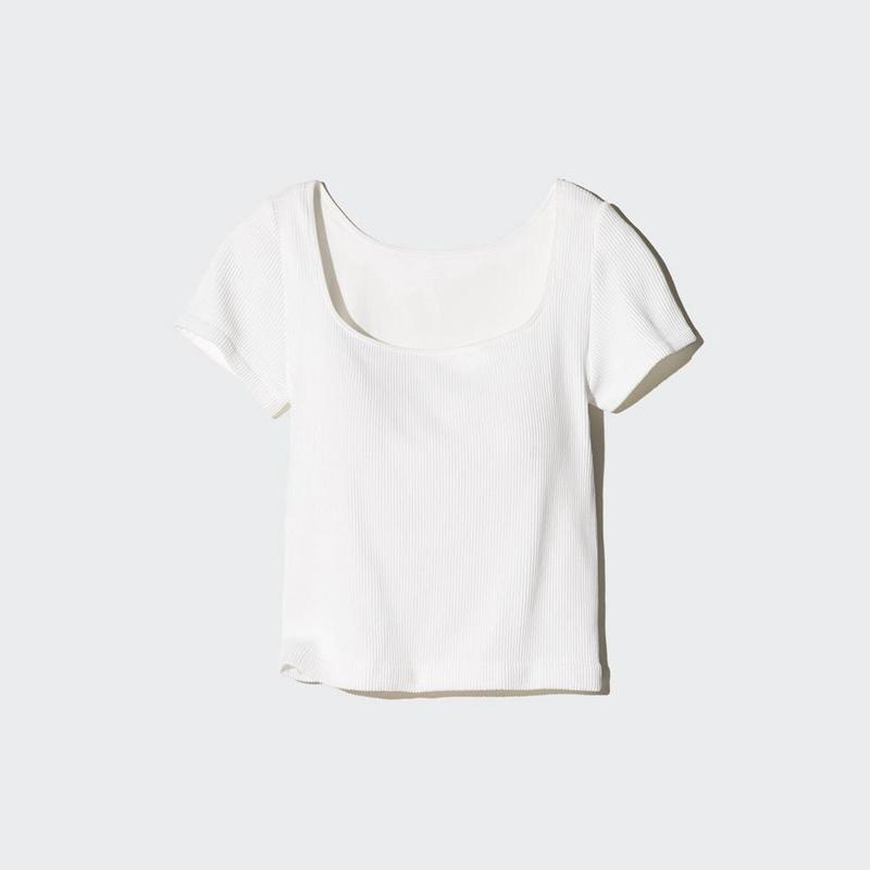 Uniqlo Ribbed Cropped Square Neck Women T-Shirts White  US |  ABXD-89347