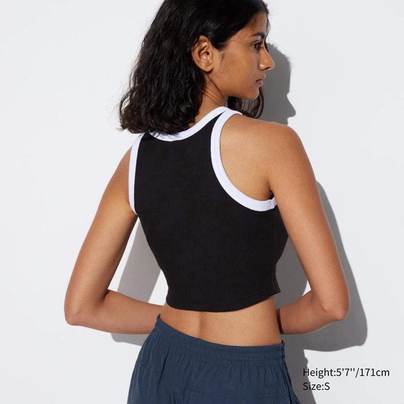 Uniqlo Ribbed Cropped Tank Women Tank Tops Black  US |  YJAH-82956