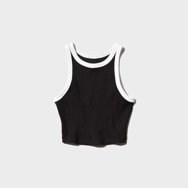 Uniqlo Ribbed Cropped Tank Women Tank Tops Black  US |  YJAH-82956