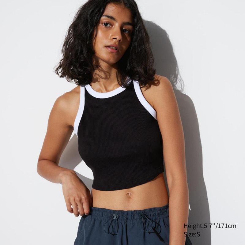 Uniqlo Ribbed Cropped Tank Women Tank Tops Black  US |  YJAH-82956