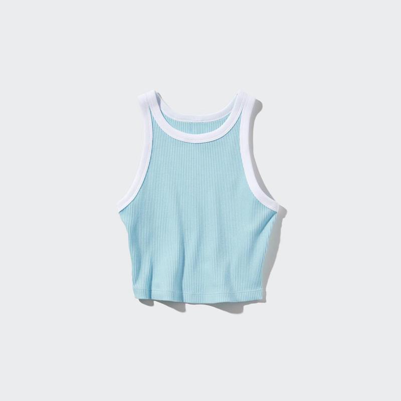 Uniqlo Ribbed Cropped Tank Women Tank Tops Light Blue  US |  NJSX-93876