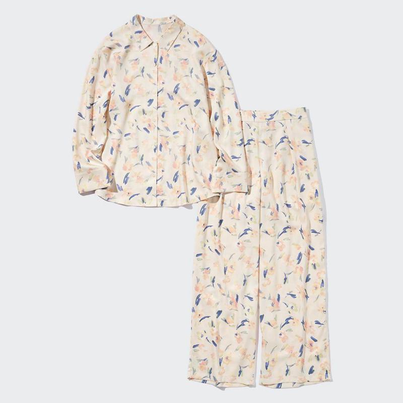 Uniqlo Satin (Flowers, Long Sleeve) Women Pyjamas Blue  US |  EUZO-82910