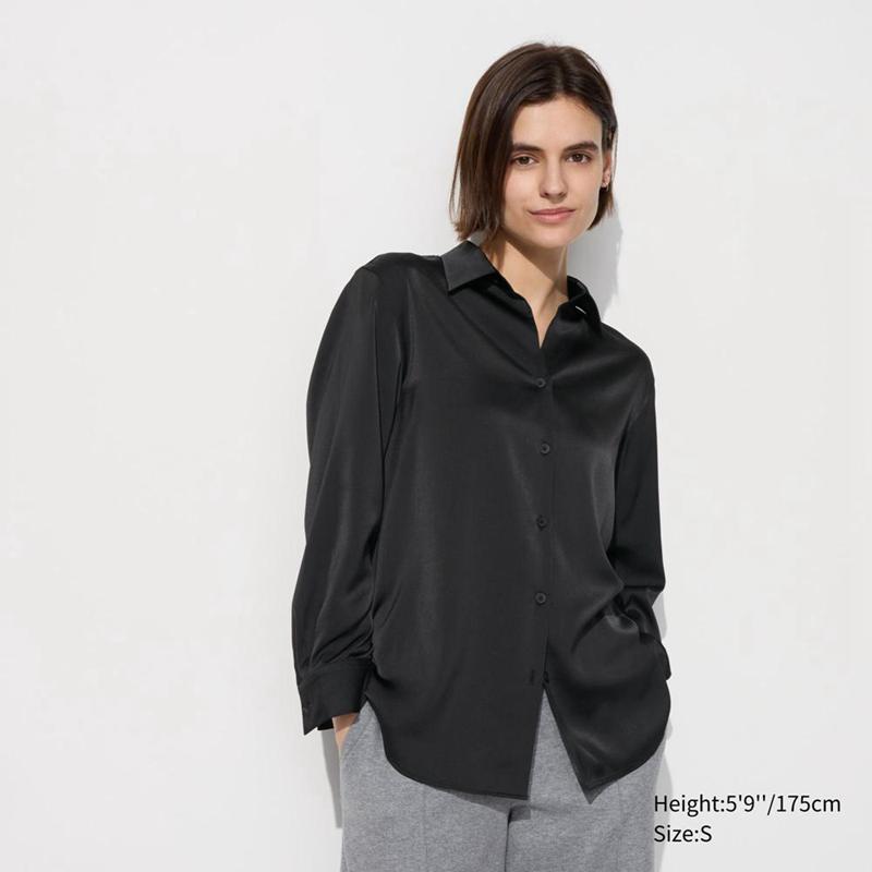 Uniqlo Satin Long Sleeved Women Blouse Black  US |  SMTL-91583