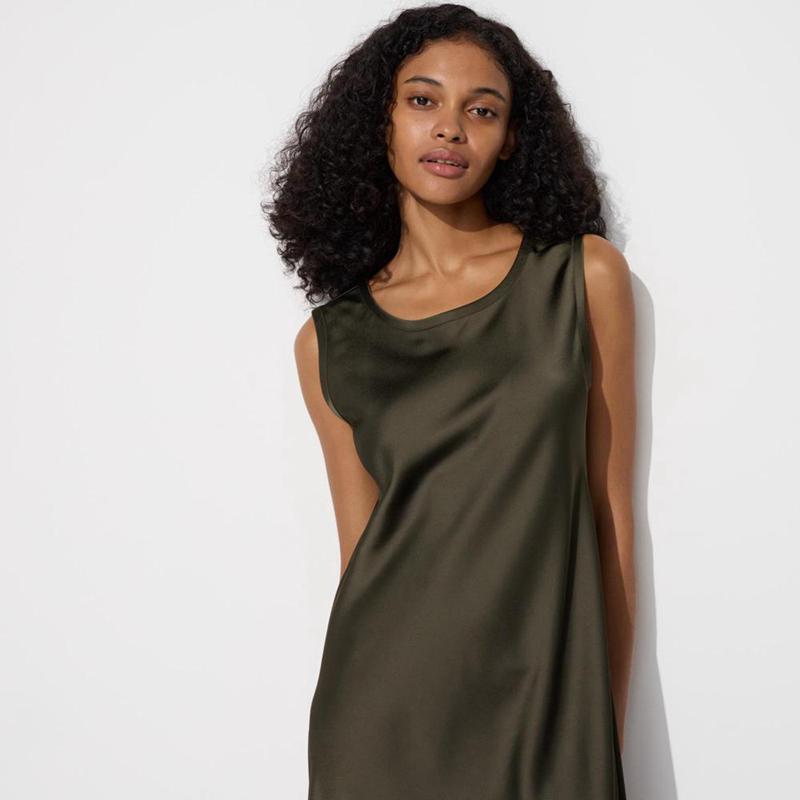 Uniqlo Satin (Sleeveless) Women Dress Dark Green  US |  SWCF-65792