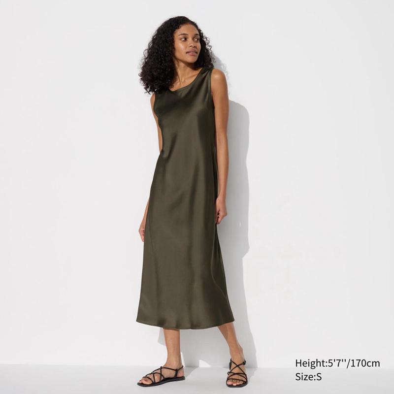 Uniqlo Satin (Sleeveless) Women Dress Dark Green  US |  SWCF-65792