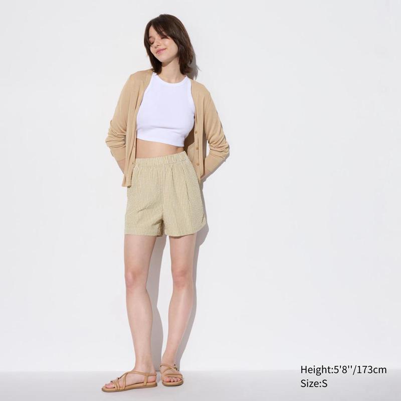 Uniqlo Seersucker Easy (Gingham) Women Shorts Green  US |  YDUT-06471