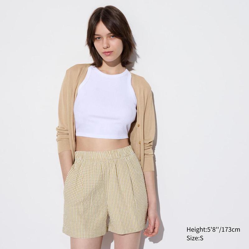 Uniqlo Seersucker Easy (Gingham) Women Shorts Beige  US |  XBOY-96574