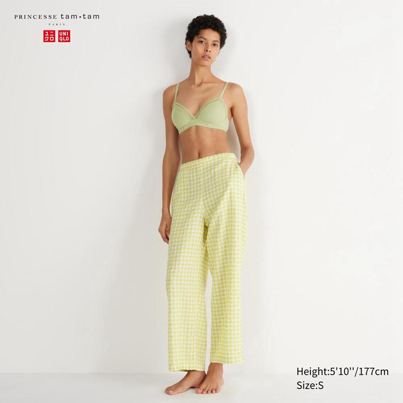 Uniqlo Seersucker Easy (Gingham) Women Trousers Green  US |  XVJH-87542